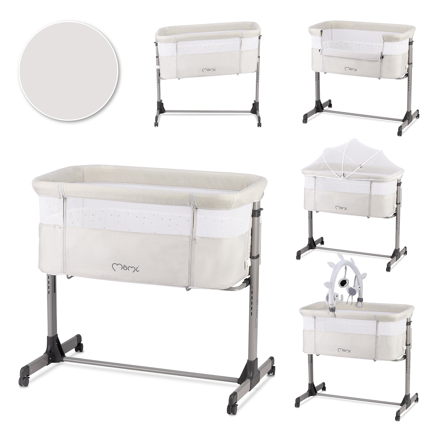 MoMi REVO, Ljusgrå bedside crib med höjdjustering och myggnät