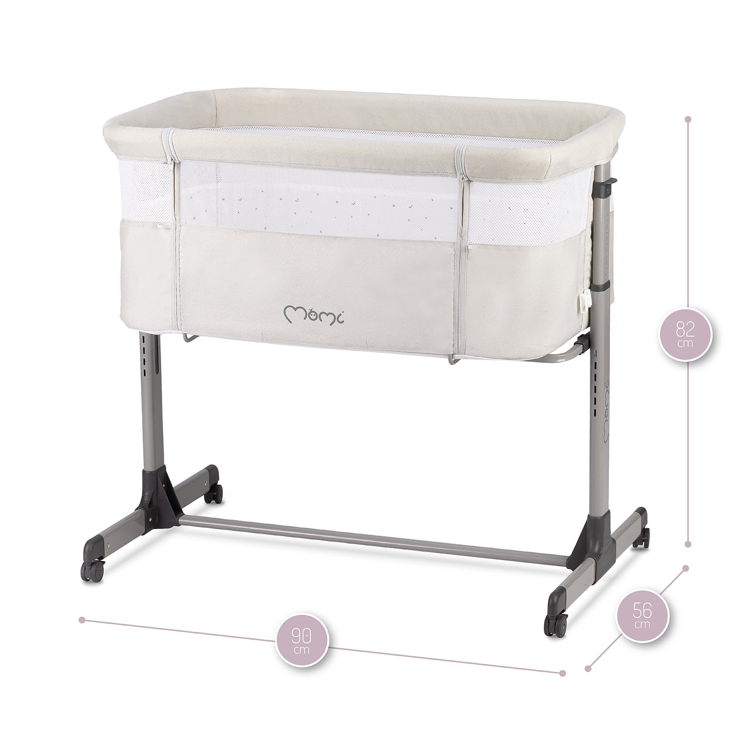 MoMi REVO, Ljusgrå bedside crib med höjdjustering och myggnät