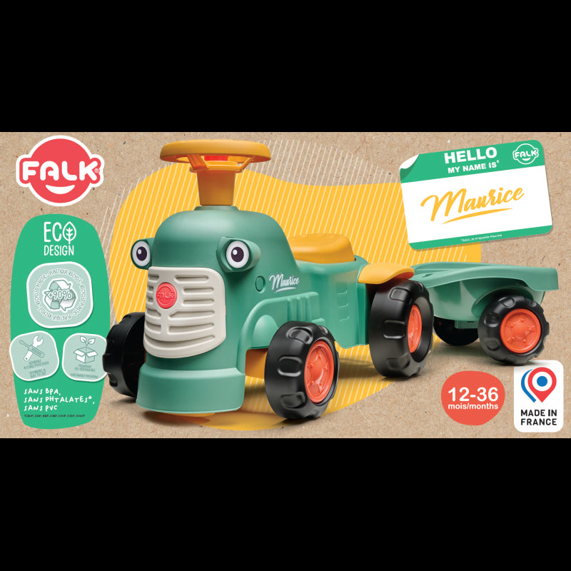FALK Baby Maurice Grön vintagetraktor med släp för åldrarna 1 och uppåt