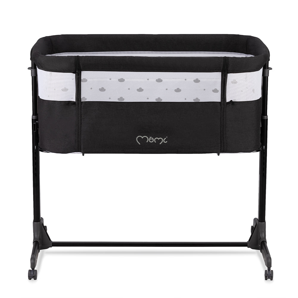 MoMi REVO, Mörkgrå bedside crib med höjdjustering och myggnät