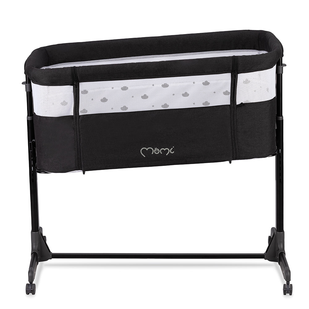 MoMi REVO, Mörkgrå bedside crib med höjdjustering och myggnät