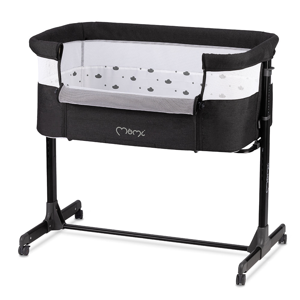MoMi REVO, Mörkgrå bedside crib med höjdjustering och myggnät