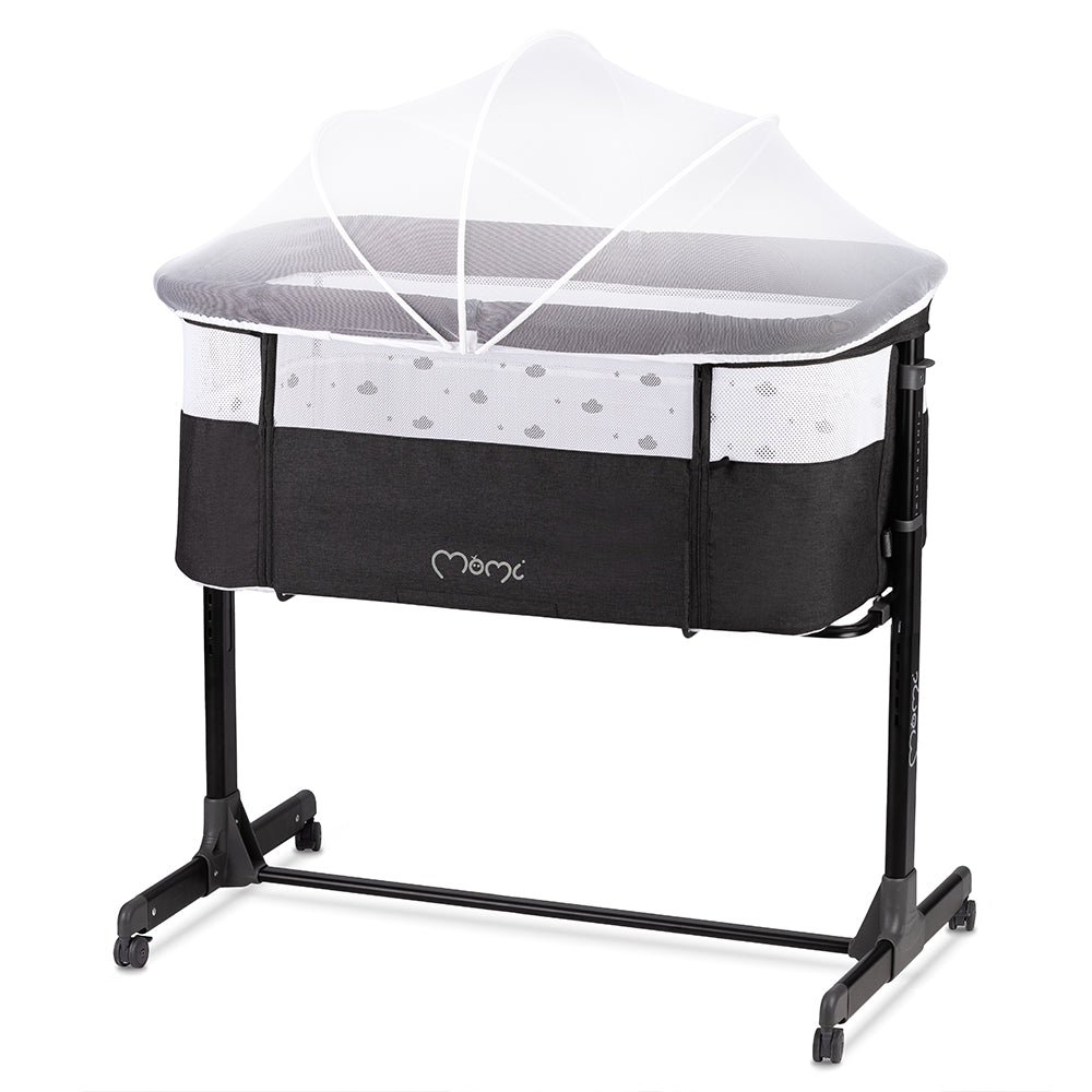 MoMi REVO, Mörkgrå bedside crib med höjdjustering och myggnät