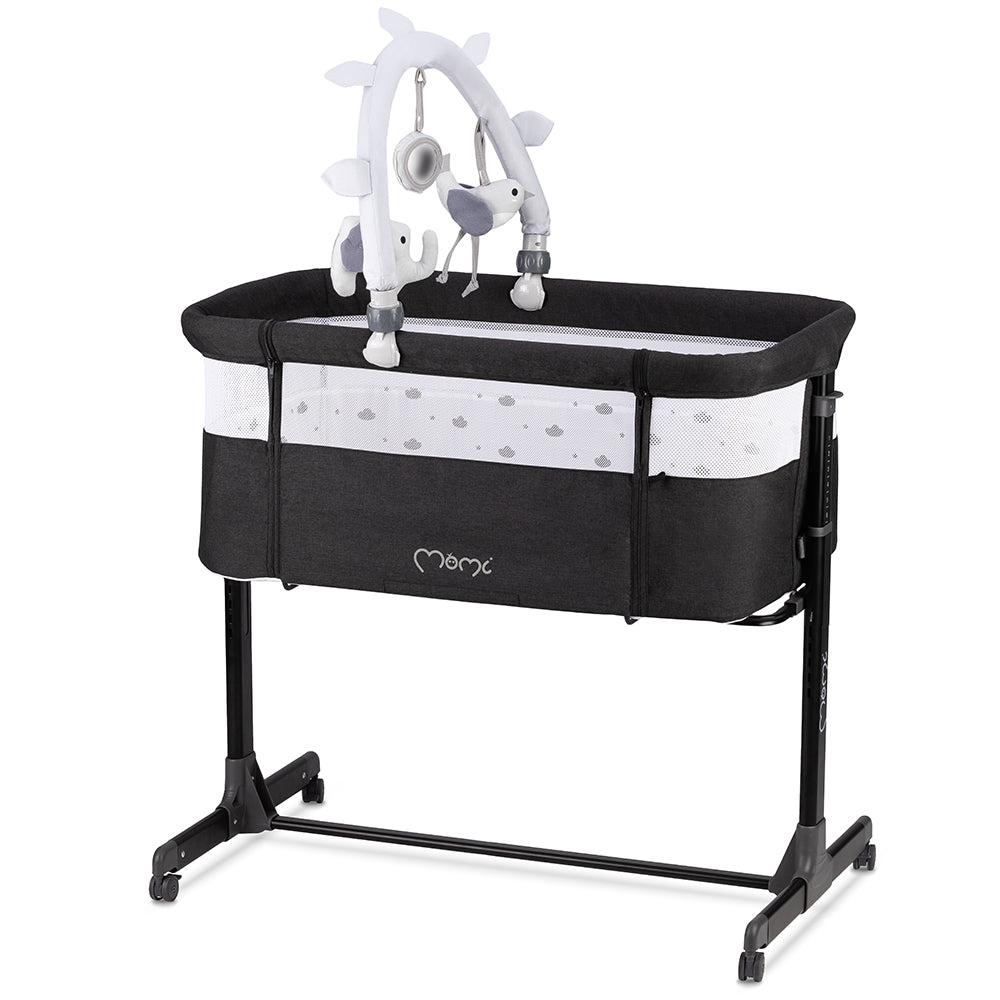 MoMi REVO, Mörkgrå bedside crib med höjdjustering och myggnät