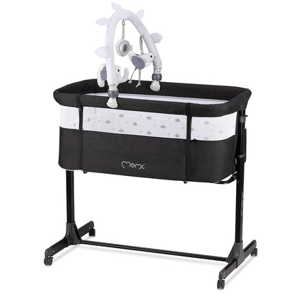 MoMi REVO, Mörkgrå bedside crib med höjdjustering och myggnät