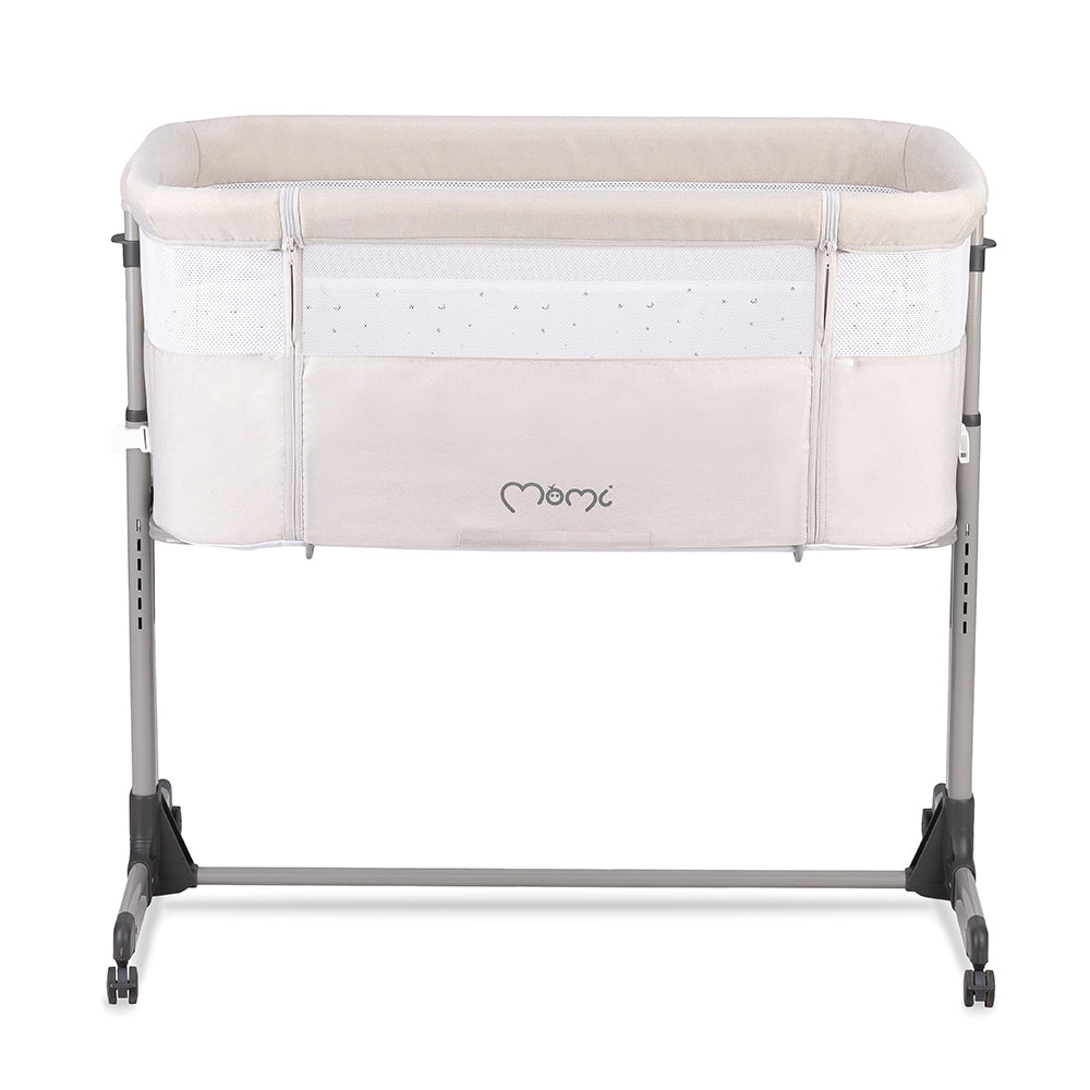 MoMi REVO, Ljusgrå bedside crib med höjdjustering och myggnät