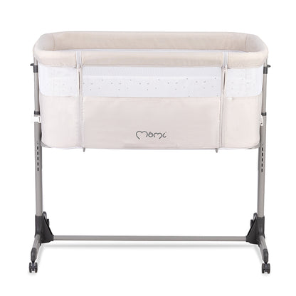 MoMi REVO, Ljusgrå bedside crib med höjdjustering och myggnät