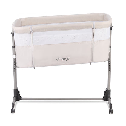 MoMi REVO, Ljusgrå bedside crib med höjdjustering och myggnät
