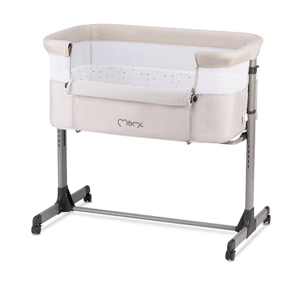 MoMi REVO, Ljusgrå bedside crib med höjdjustering och myggnät