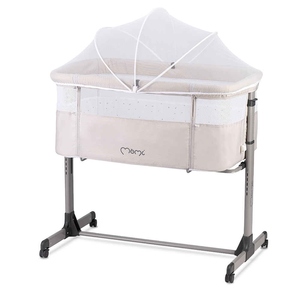 MoMi REVO, Ljusgrå bedside crib med höjdjustering och myggnät
