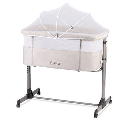 MoMi REVO, Ljusgrå bedside crib med höjdjustering och myggnät
