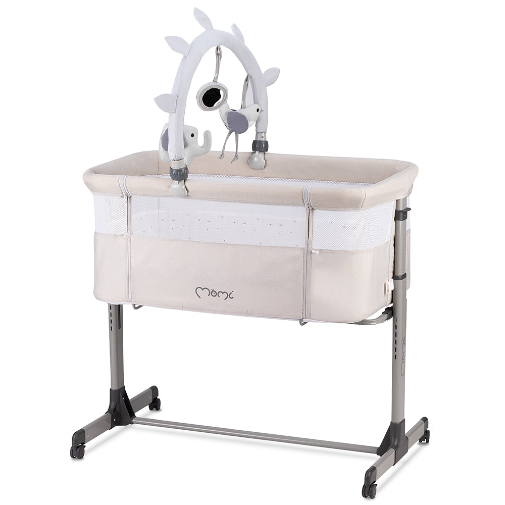 MoMi REVO, Ljusgrå bedside crib med höjdjustering och myggnät