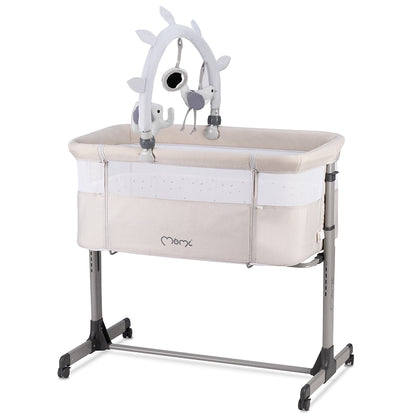 MoMi REVO, Ljusgrå bedside crib med höjdjustering och myggnät