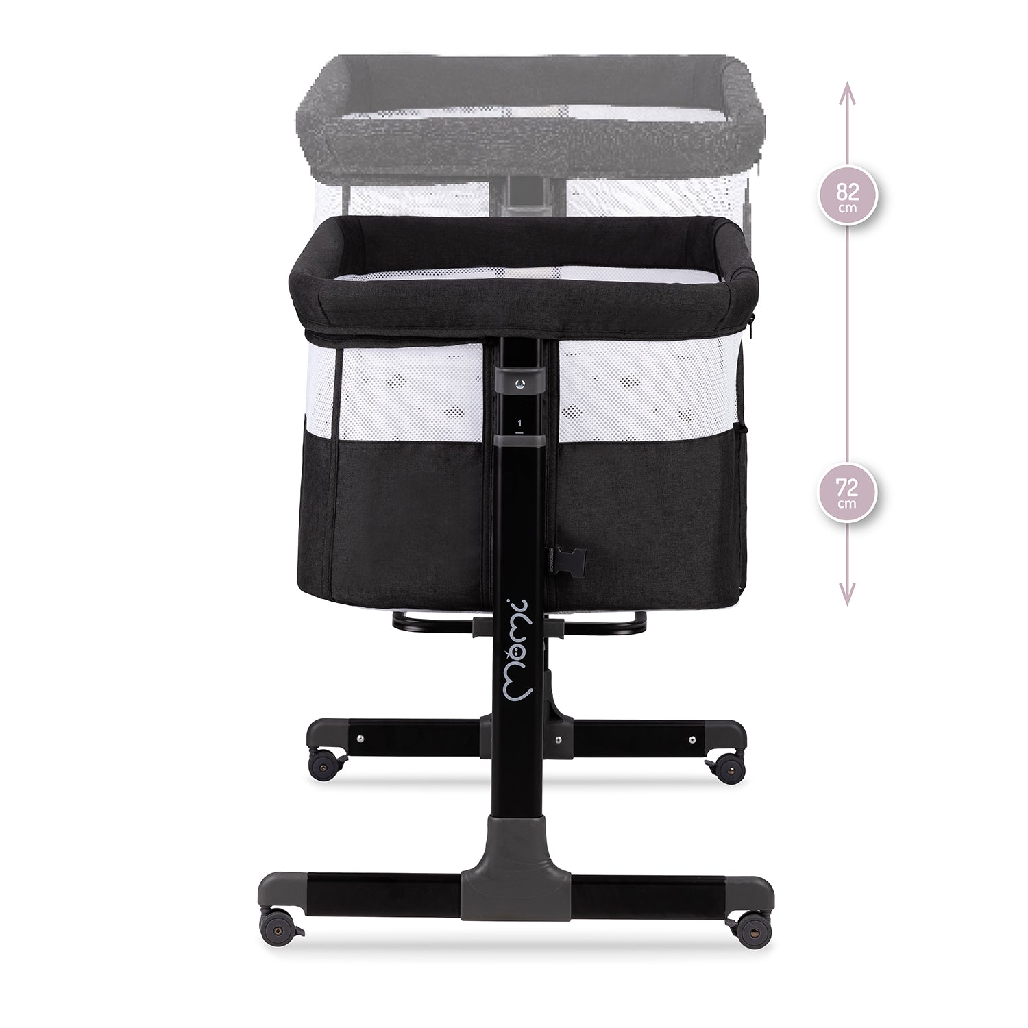 MoMi REVO, Mörkgrå bedside crib med höjdjustering och myggnät