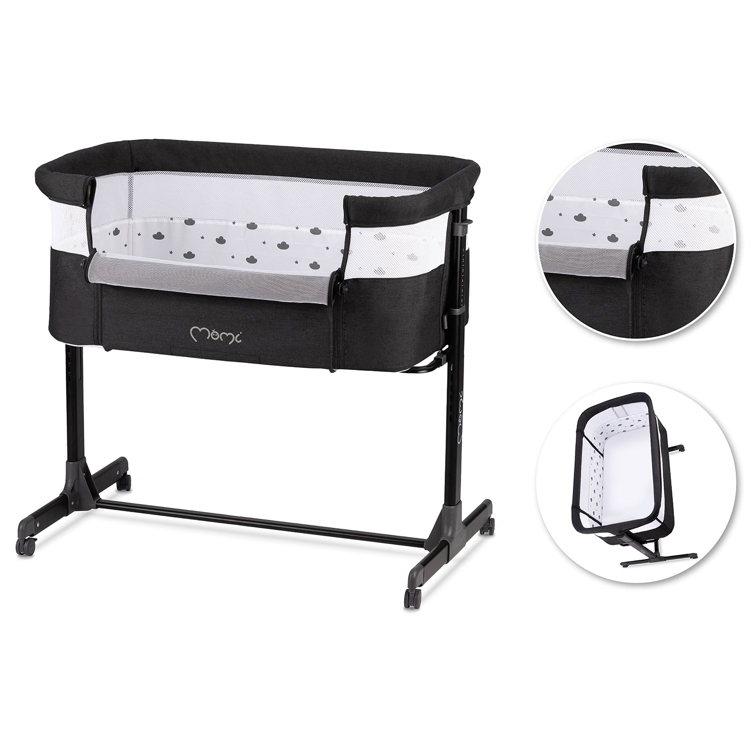 MoMi REVO, Mörkgrå bedside crib med höjdjustering och myggnät