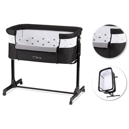 MoMi REVO, Mörkgrå bedside crib med höjdjustering och myggnät