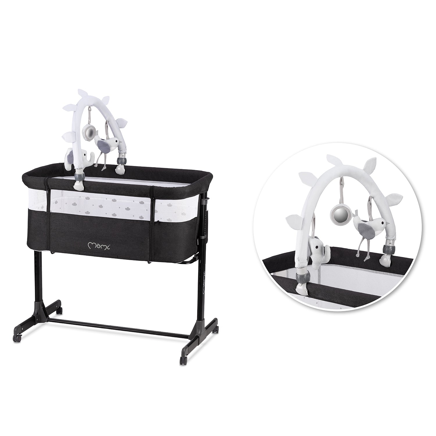 MoMi REVO, Mörkgrå bedside crib med höjdjustering och myggnät