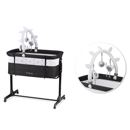 MoMi REVO, Mörkgrå bedside crib med höjdjustering och myggnät