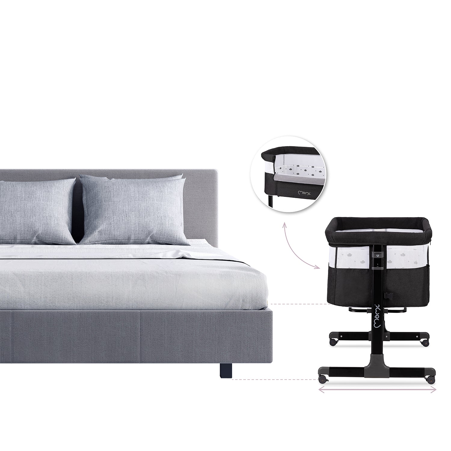 MoMi REVO, Mörkgrå bedside crib med höjdjustering och myggnät