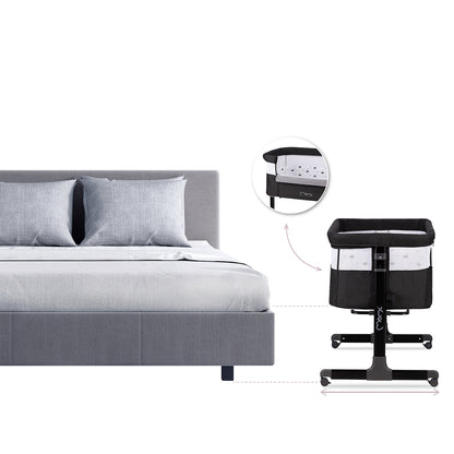 MoMi REVO, Mörkgrå bedside crib med höjdjustering och myggnät