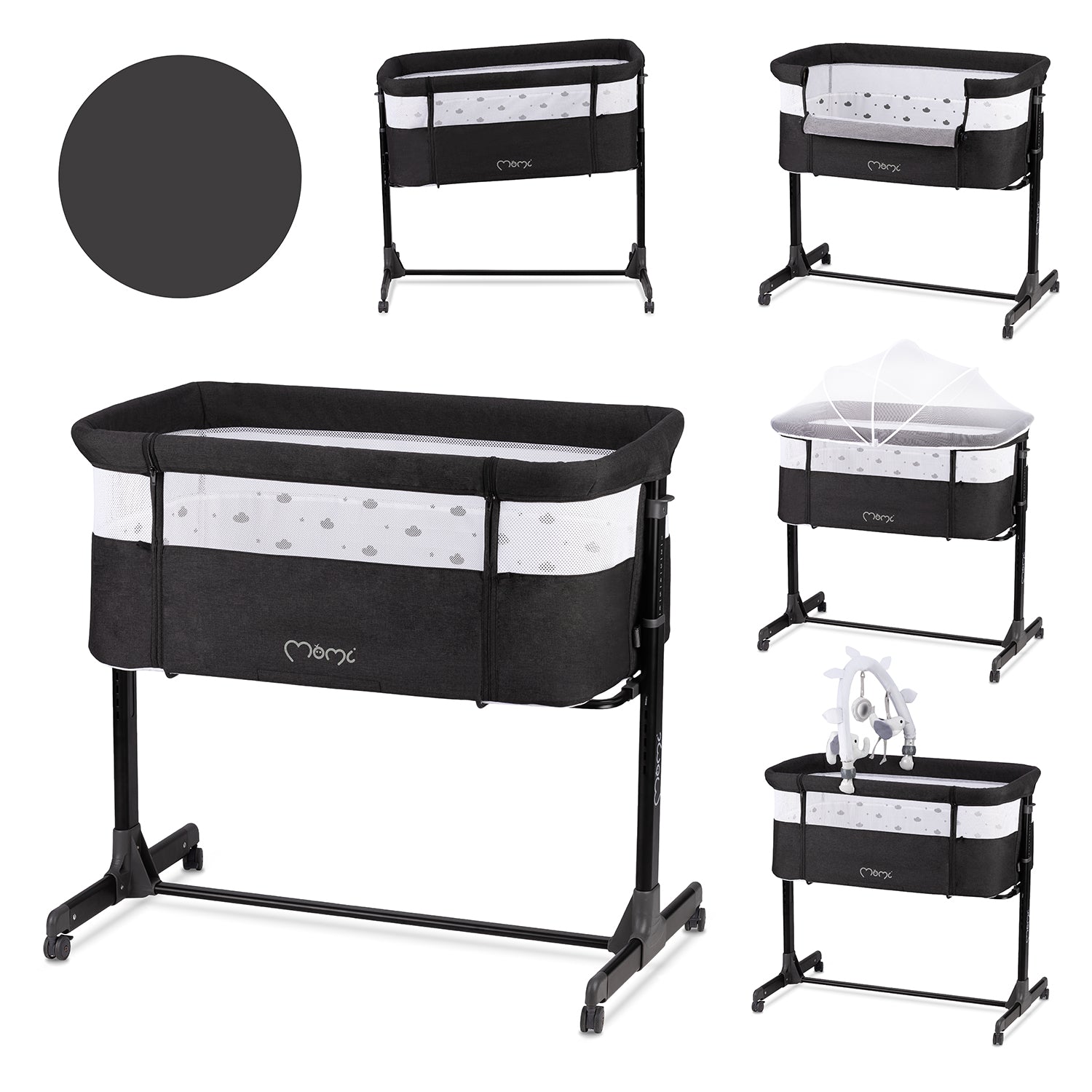 MoMi REVO, Mörkgrå bedside crib med höjdjustering och myggnät