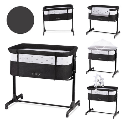 MoMi REVO, Mörkgrå bedside crib med höjdjustering och myggnät