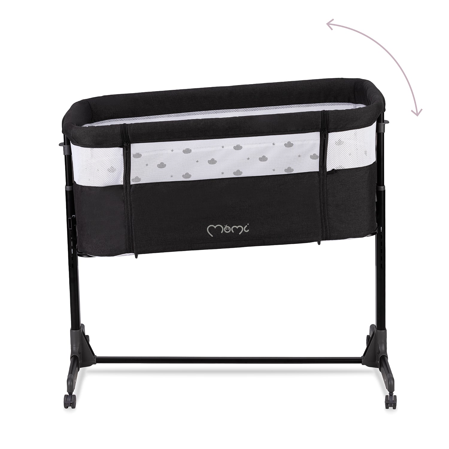 MoMi REVO, Mörkgrå bedside crib med höjdjustering och myggnät