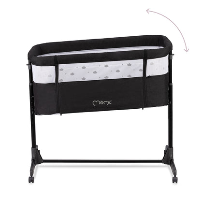 MoMi REVO, Mörkgrå bedside crib med höjdjustering och myggnät