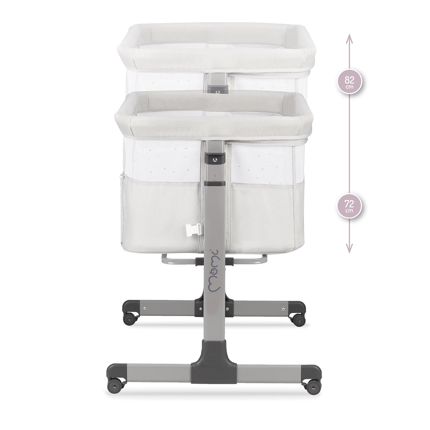 MoMi REVO, Ljusgrå bedside crib med höjdjustering och myggnät