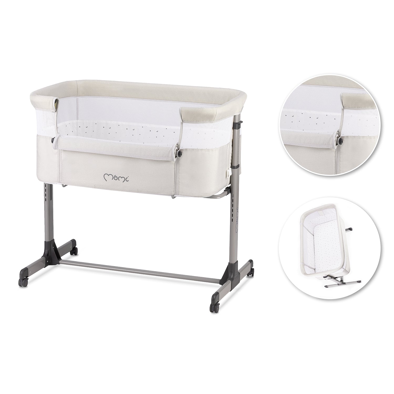 MoMi REVO, Ljusgrå bedside crib med höjdjustering och myggnät