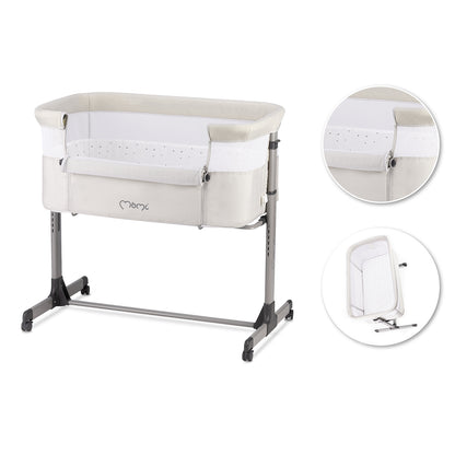 MoMi REVO, Ljusgrå bedside crib med höjdjustering och myggnät