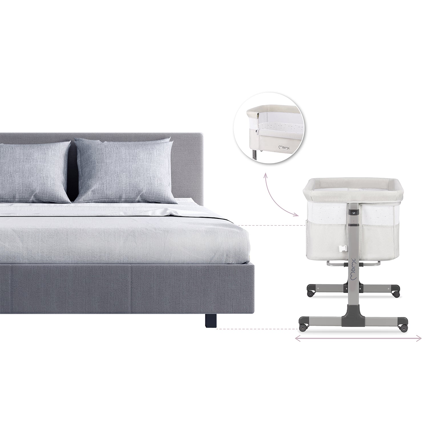 MoMi REVO, Ljusgrå bedside crib med höjdjustering och myggnät
