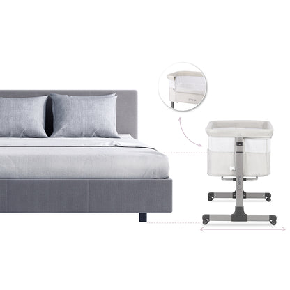 MoMi REVO, Ljusgrå bedside crib med höjdjustering och myggnät