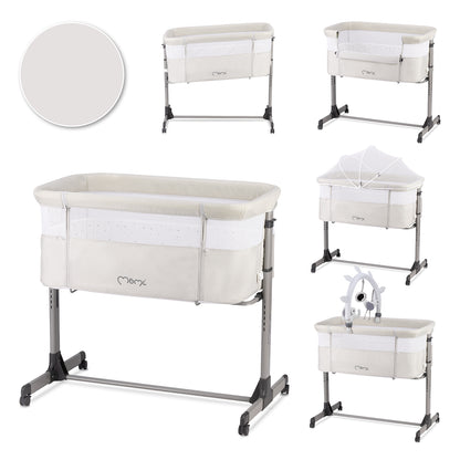 MoMi REVO, Ljusgrå bedside crib med höjdjustering och myggnät