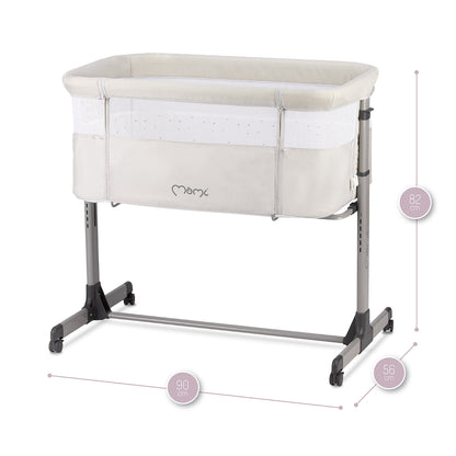 MoMi REVO, Ljusgrå bedside crib med höjdjustering och myggnät