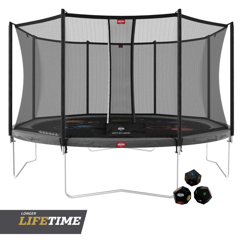 BERG Studsmatta Favorit Grå 430 cm + Comfort Safety Net + LEVELS Arkad- och logikspel