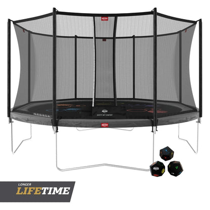 BERG Studsmatta Favorit Grå 430 cm + Comfort Safety Net + LEVELS Arkad- och logikspel